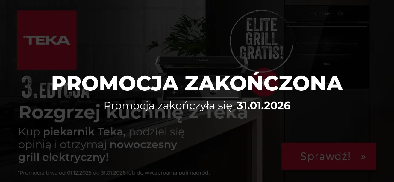 Baner reklamowy promocji marki Teka. Na pierwszym planie znajduje się nowoczesny grill elektryczny, a w tle czarny piekarnik do zabudowy