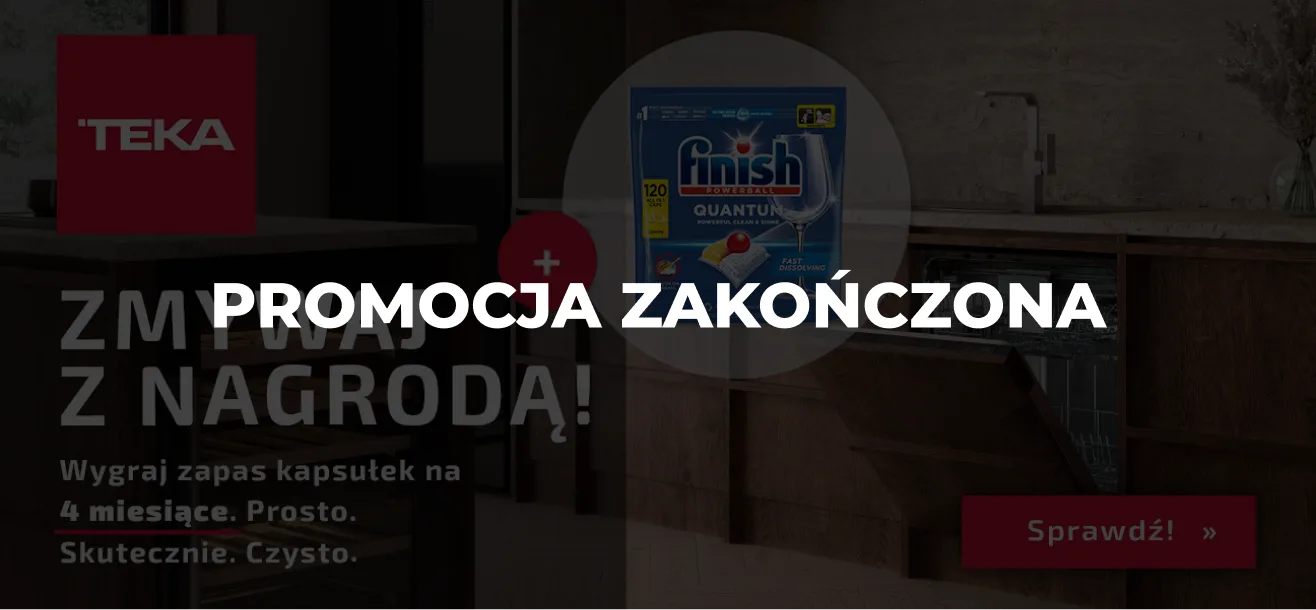 Baner promocji Zmywaj z nagrodą przedstawiający aranżację kuchni oraz nagrodę tj. kapsułki finish