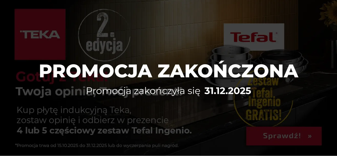 Baner reklamowy promocji marki Teka. Na pierwszym planie znajduje się nowoczesny grill elektryczny, a w tle czarny piekarnik do zabudowy