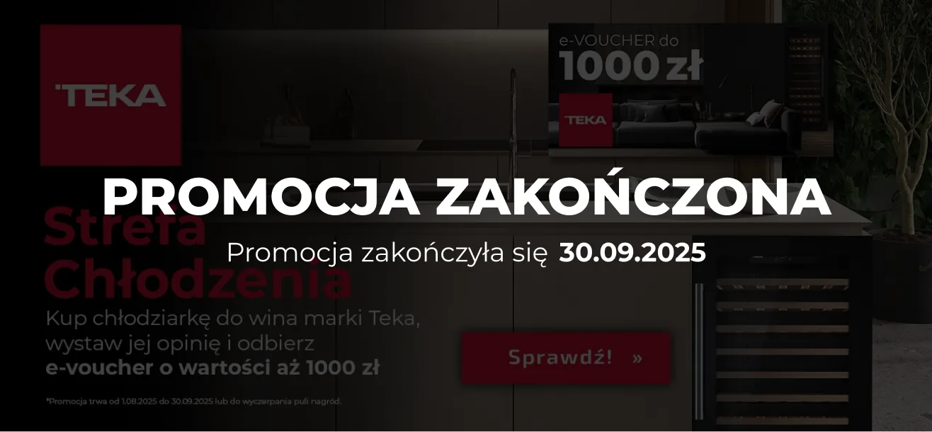 Baner promocyjny promocji Strefa Chłodzenia z tekstem "Strefa chłodzenia. Kup chłodziarkę do wina marki Teka, wystaw jej opinię i odbierze e-voucher o wartości aż 1000 zł" oraz wizualizacją e-vouchera.