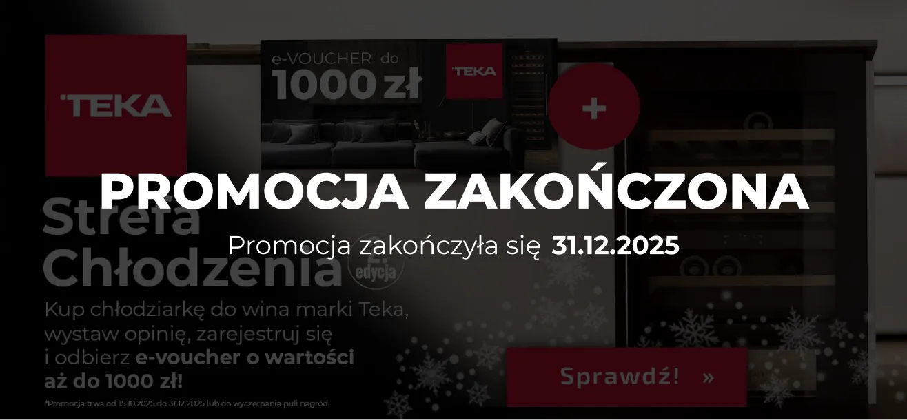 Baner reklamowy promocji marki Teka. Na pierwszym planie znajduje się nowoczesny grill elektryczny, a w tle czarny piekarnik do zabudowy