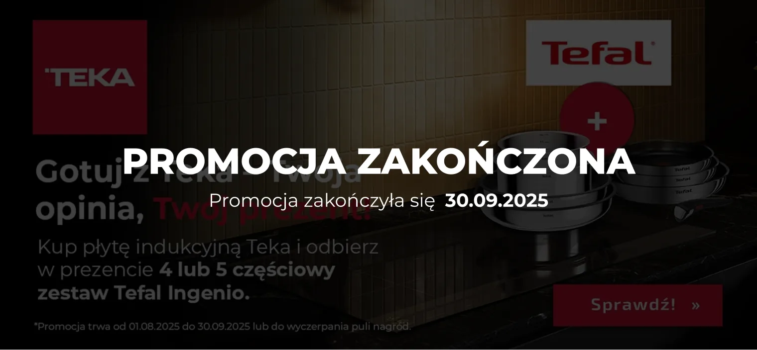 Baner promocyjny promocji Gotuj z Teka z tekstem "Gotuj z Teka - Twoja opinia, Twój prezent! Kup płytę indukcyjną Teka i odbierz w prezencie 4 lub 5 częściowy zestaw Tefal Ingenio" oraz zestawem Tefal Ingenio na płycie indukcyjnej