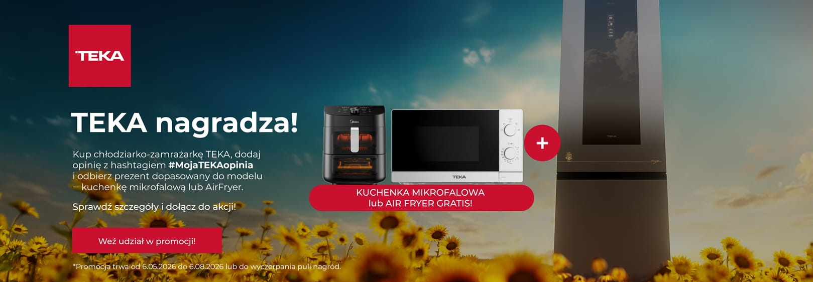 Baner reklamowy promocji marki Teka. Na pierwszym planie znajduje się nowoczesny grill elektryczny, a w tle czarny piekarnik do zabudowy